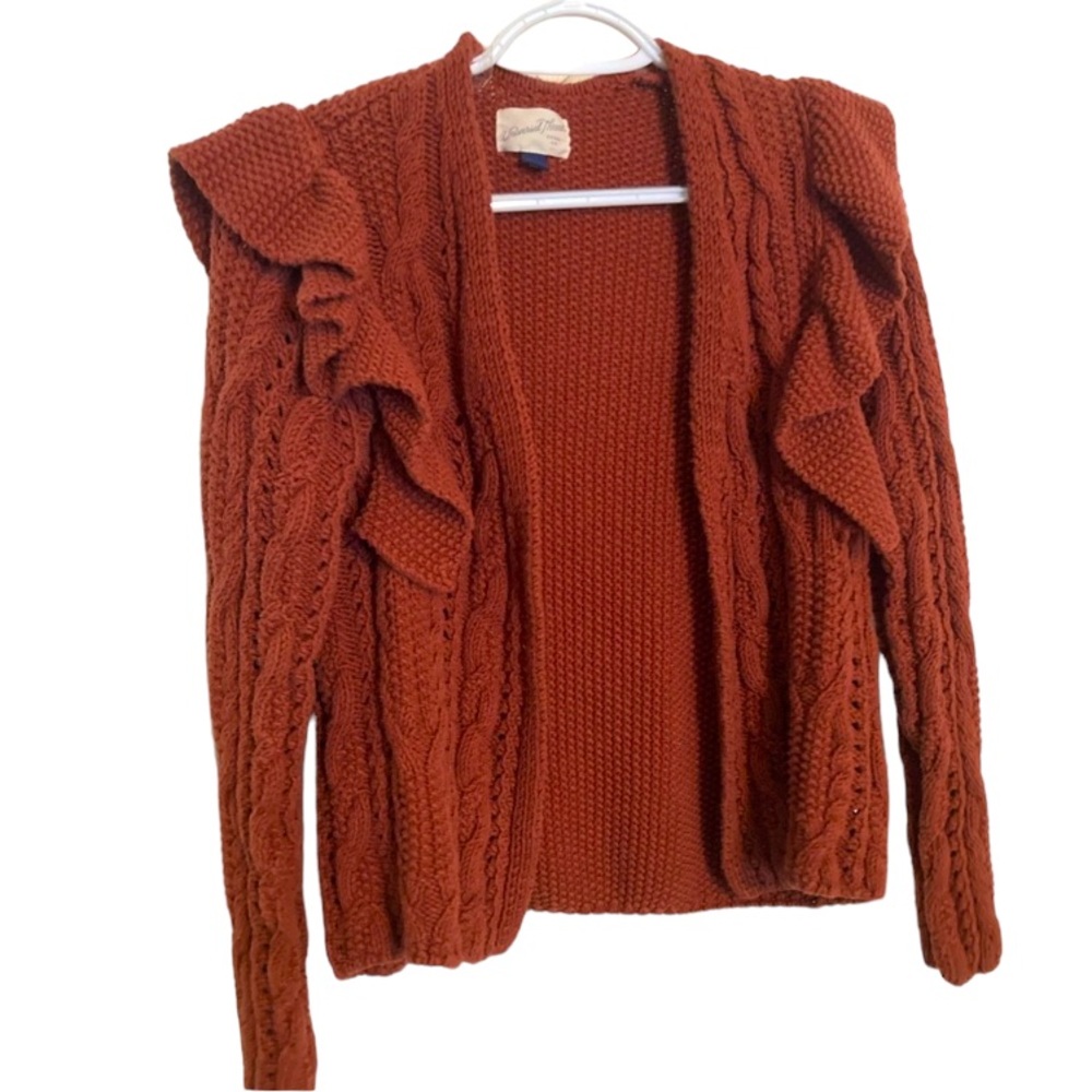 Women’s Burnt Red Knit Cardigan With Ruffles Along The Shoulders. Size X-Small.